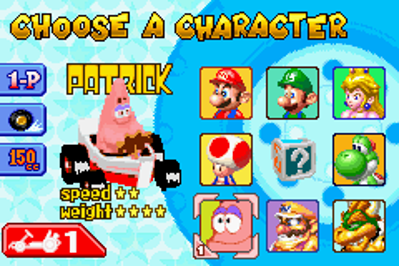 Patrick Star in Mario Kart: Super Circuit - Screenshot - Game Select (World) - 240x160