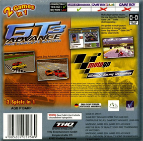 2 Games in 1: GT 3 Advance: Pro Concept Racing + Moto GP: Ultimate Racing Technology - Box - Back Image