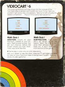 Videocart-6: Math Quiz I (Addition & Subtraction) - Box - Back Image