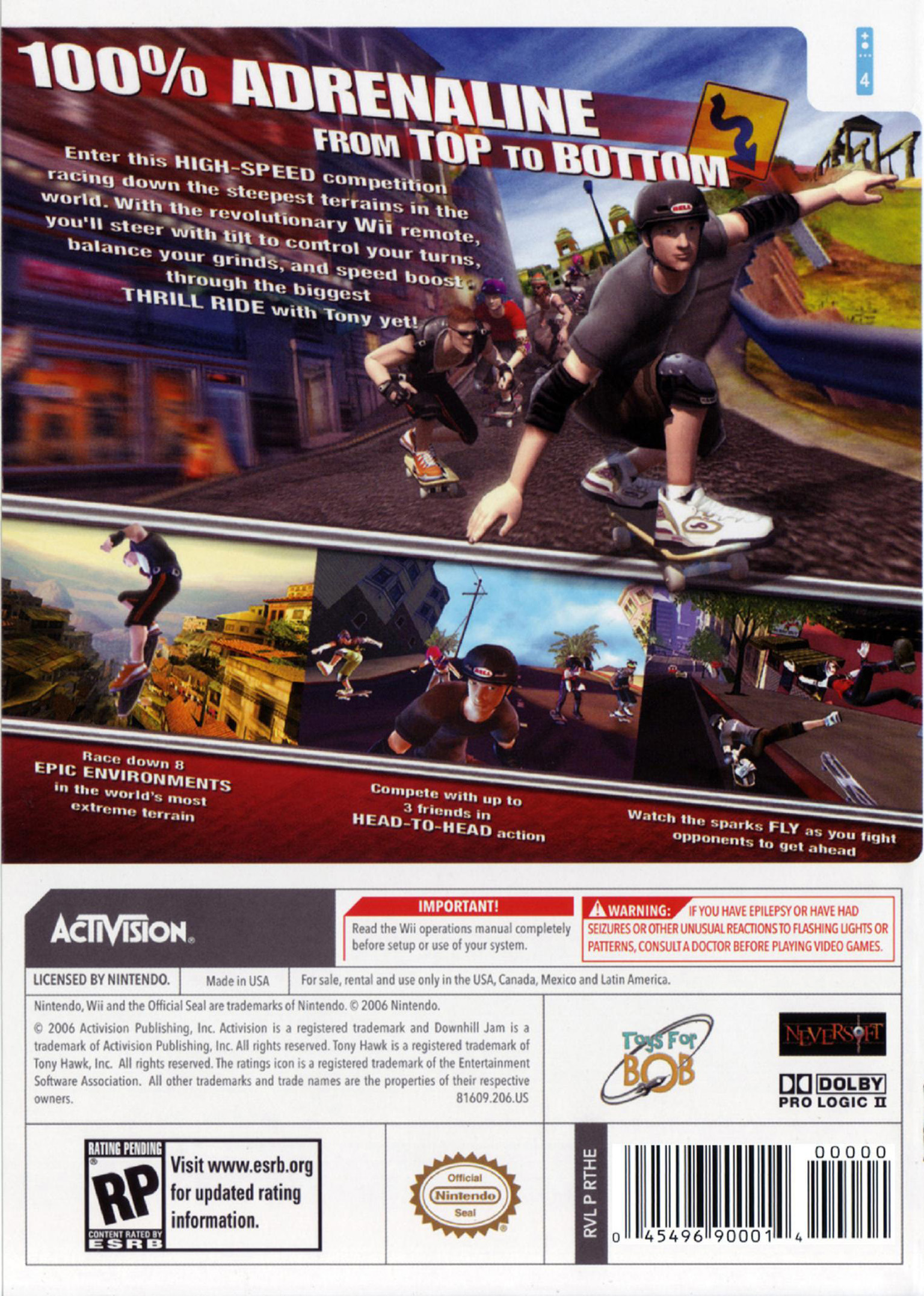 Tony Hawk's: Downhill Jam (Nintendo Wii, 2006) Disc with Manual