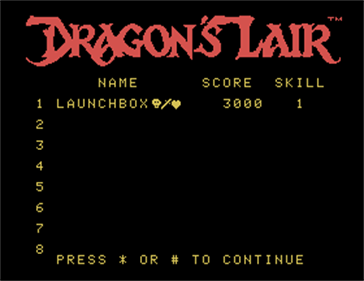 Dragon's Lair - Screenshot - High Scores Image