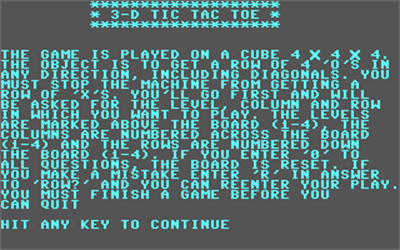 3-D Tic Tac Toe (ShareData 1987 Version) - Screenshot - Game Title Image