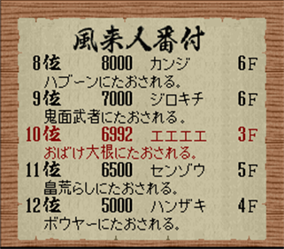 Fushigi no Dungeon 2: Fuurai no Shiren - Screenshot - High Scores Image
