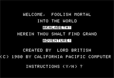 Akalabeth: World of Doom - Screenshot - Game Title