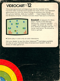 Videocart-12: Baseball - Box - Back Image