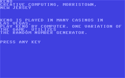 Keno (Creative Computing Software) - Screenshot - Game Title Image