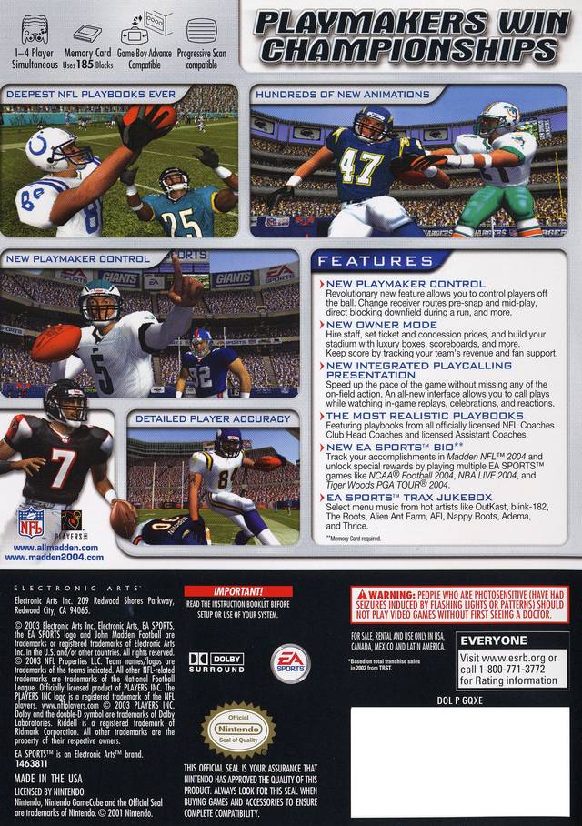 MADDEN 2004 (Nintendo GameCube, 2003) – The Data Base