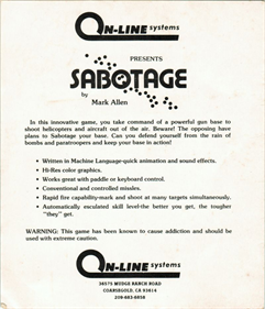 Sabotage - Box - Back Image