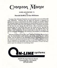 Hi-Res Adventure #3: Cranston Manor - Box - Back Image