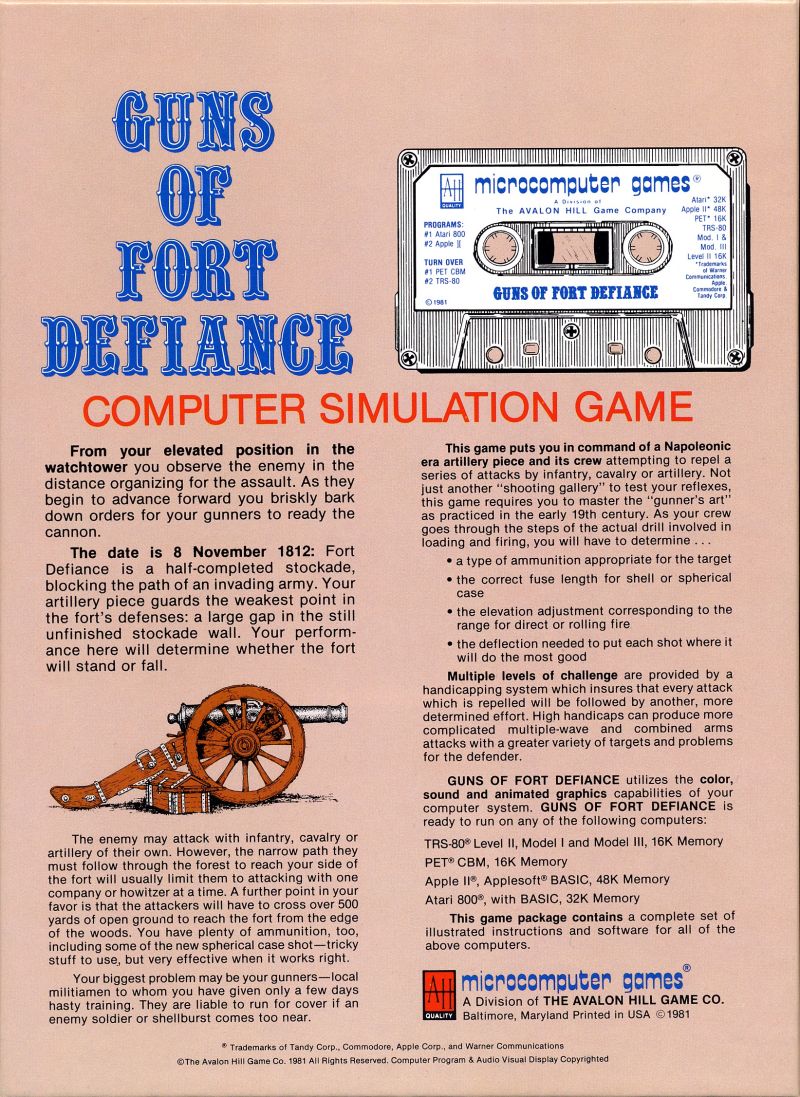 TRS-80 NEW Atari 800 Guns of Fort Defiance by Avalon Hill for Apple II PET 