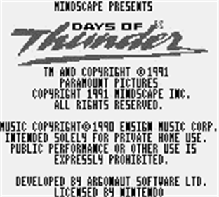 Days of Thunder - Screenshot - Game Title Image