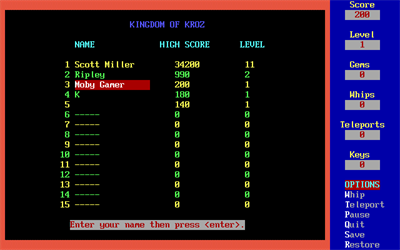 Kingdom of Kroz - Screenshot - High Scores Image