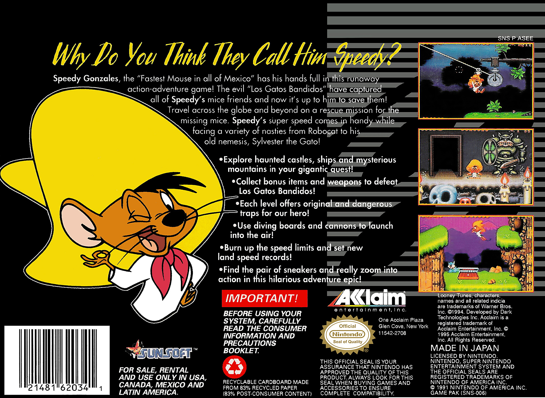 Speedy Gonzales: Los Gatos Bandidos (Super Nintendo Entertainment System,  1994) for sale online