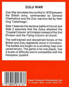 Zulu War - Box - Back Image