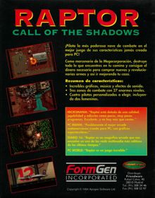 Raptor: Call of the Shadows - Box - Back