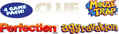 4 Game Pack! Clue / Mouse Trap / Perfection / Aggravation - Clear Logo